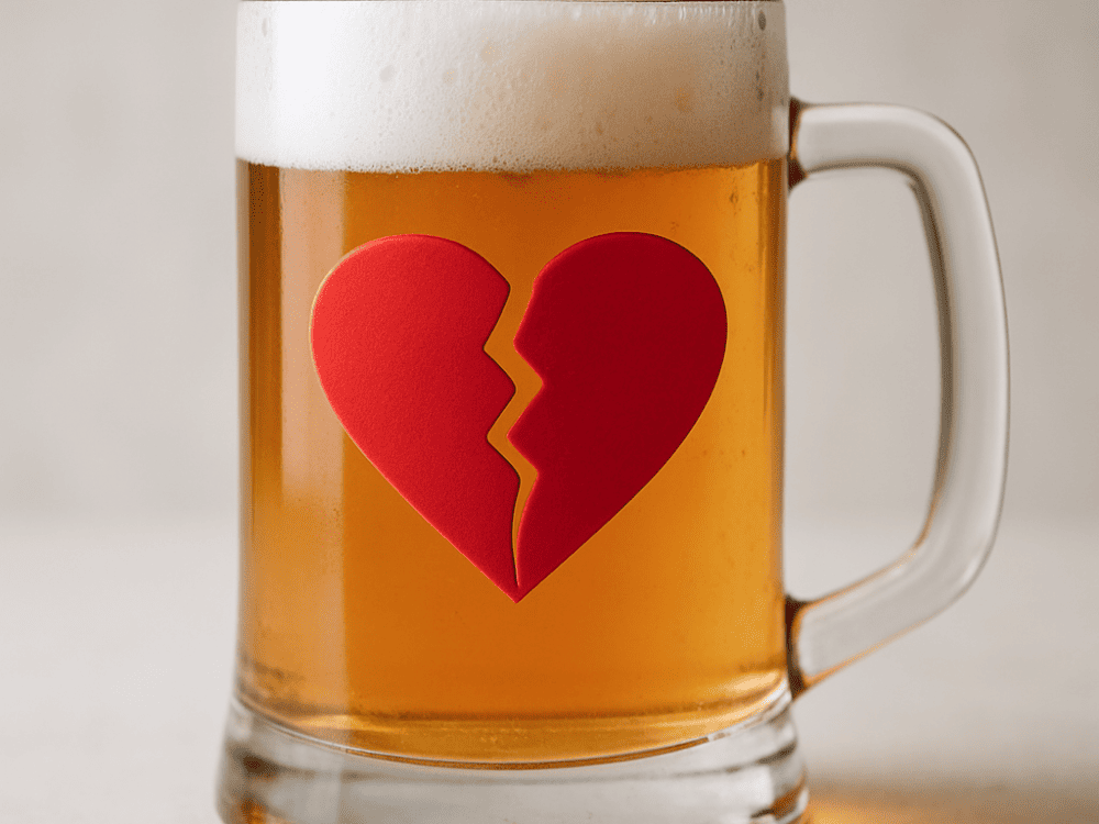 Caneca de cerveja com um coração partido dentro.