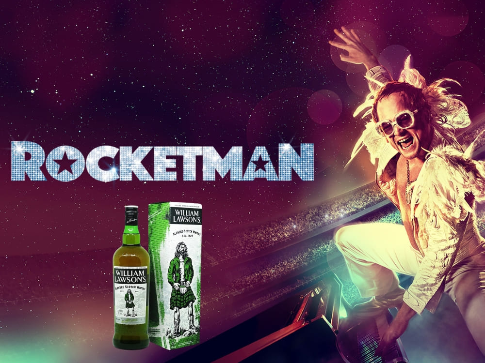 Cartaz do filme sobre Elton John com o blended whisky William Lawson´s.